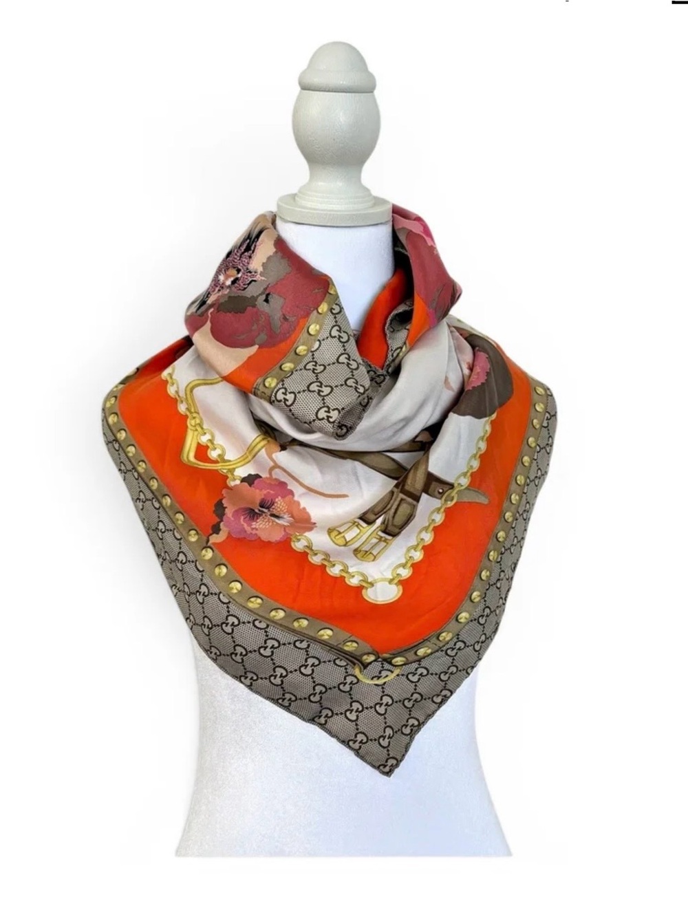 Gucci Orange Beige Pink Floral Silk Scarf
